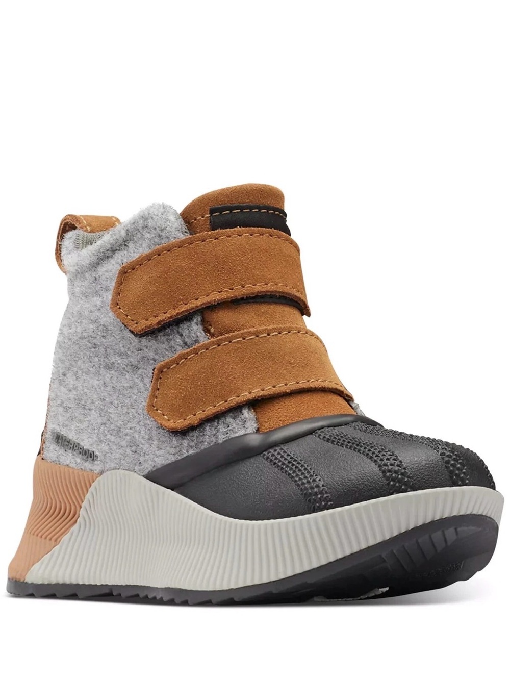 Sorel Kids' Out N About IV strap boots in camel brown with a grey felt upper NIB
